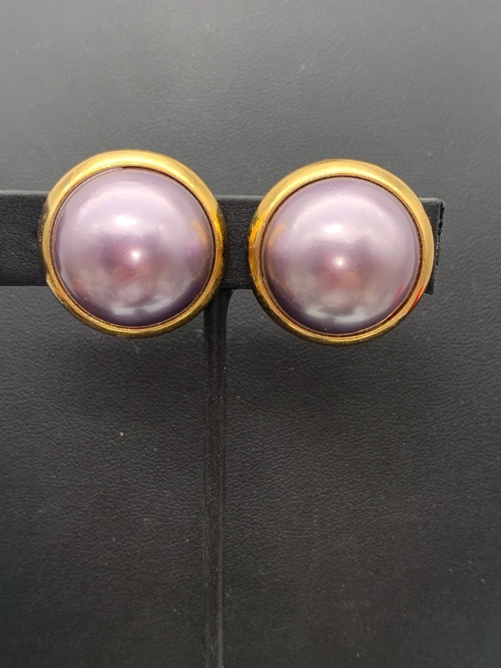 Vintage Richelieu Lavender faux Pearl Dome Clip on Earrings with Gold Tone Trim